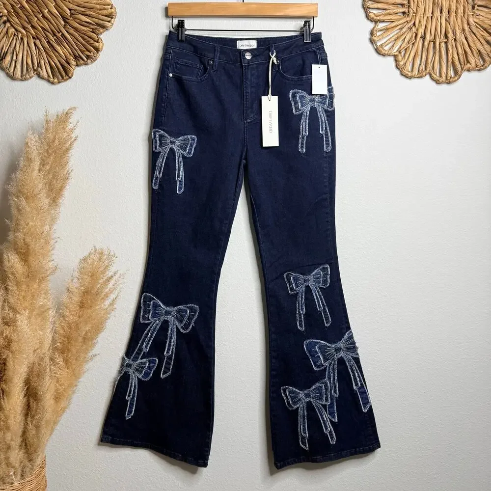 Driftwood x Free People flare pants floral embroidery jeans boho 28